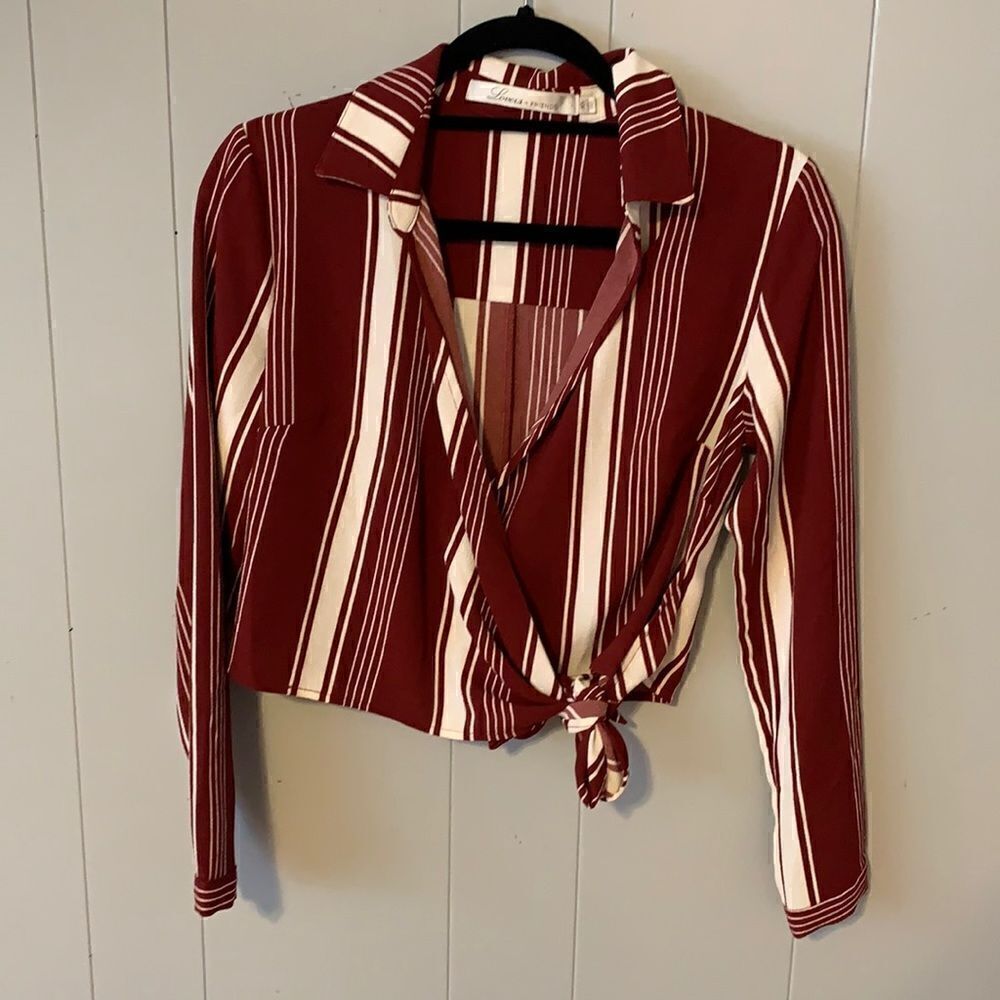 Lovers + Friends Wine & White Striped Crossover Blouse Size XS